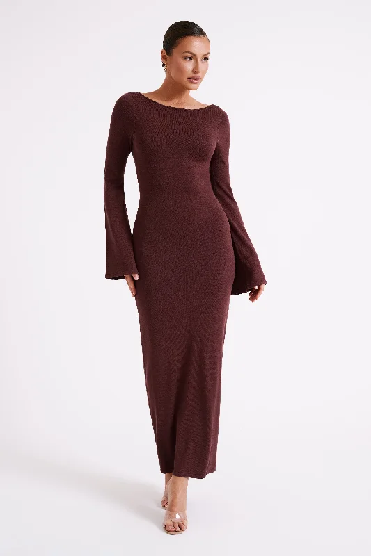 Marleigh Flare Sleeve Knit Maxi Dress - Dark Chocolate