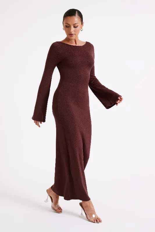 Marleigh Flare Sleeve Knit Maxi Dress - Dark Chocolate