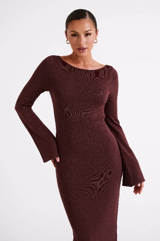 Marleigh Flare Sleeve Knit Maxi Dress - Dark Chocolate