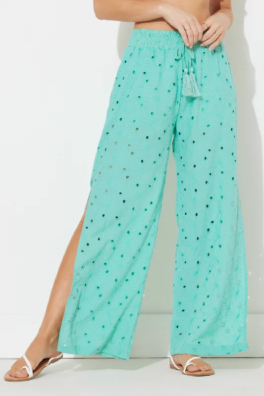 Paradise Green Floral Eyelet Pant W/ Slits