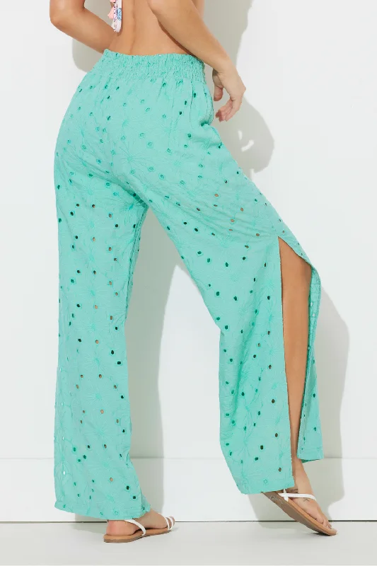 Paradise Green Floral Eyelet Pant W/ Slits