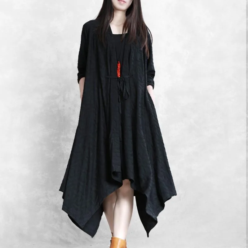 Pullover black Jacquard oversized fall coat tie waist asymmetric coat