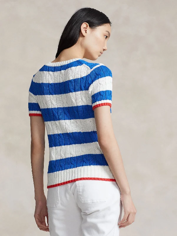 Maglia Maniche Corte a Righe con Trecce Bianco/Blu