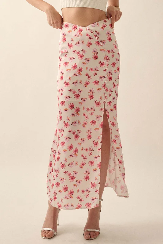 Sassy Blossoms Floral Satin Buttoned Maxi Skirt