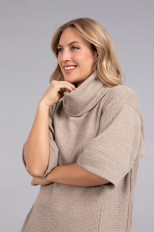 Step Hem Elbow Sleeve Rib Sweater | Camel