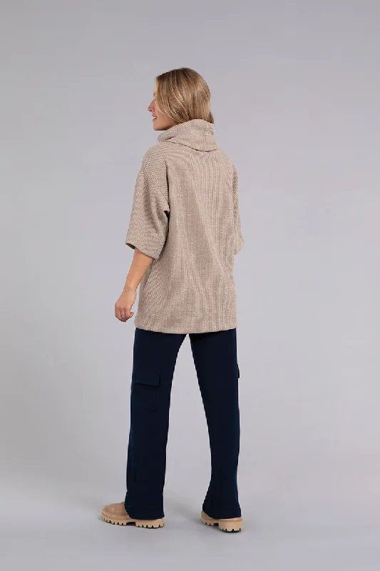 Step Hem Elbow Sleeve Rib Sweater | Camel