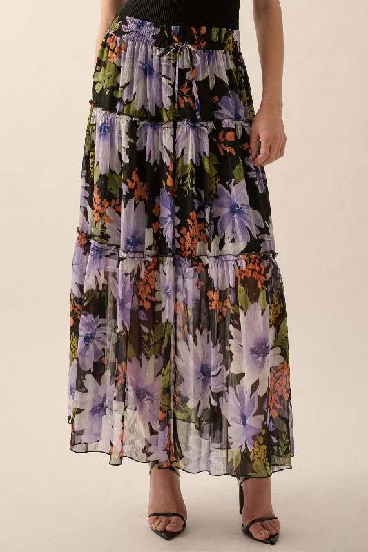 Twilight Bouquet Floral Chiffon Tiered Maxi Skirt