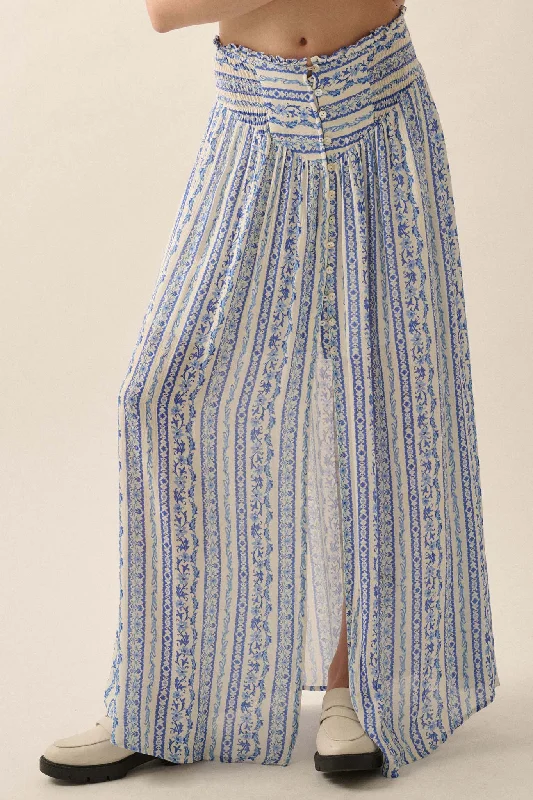 Wildflower Field Floral-Stripe Buttoned Maxi Skirt