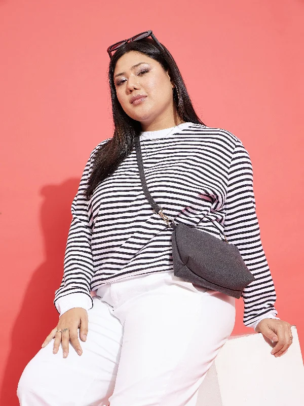 Women Black & White Striped Full Sleeves Sweater