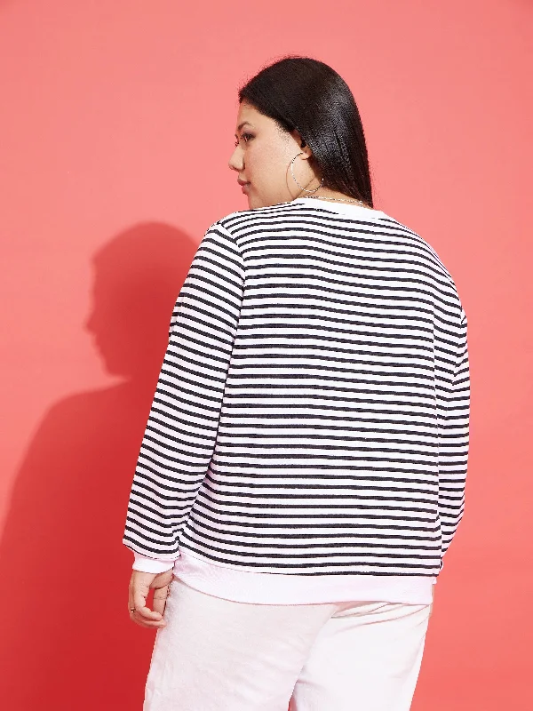 Women Black & White Striped Full Sleeves Sweater