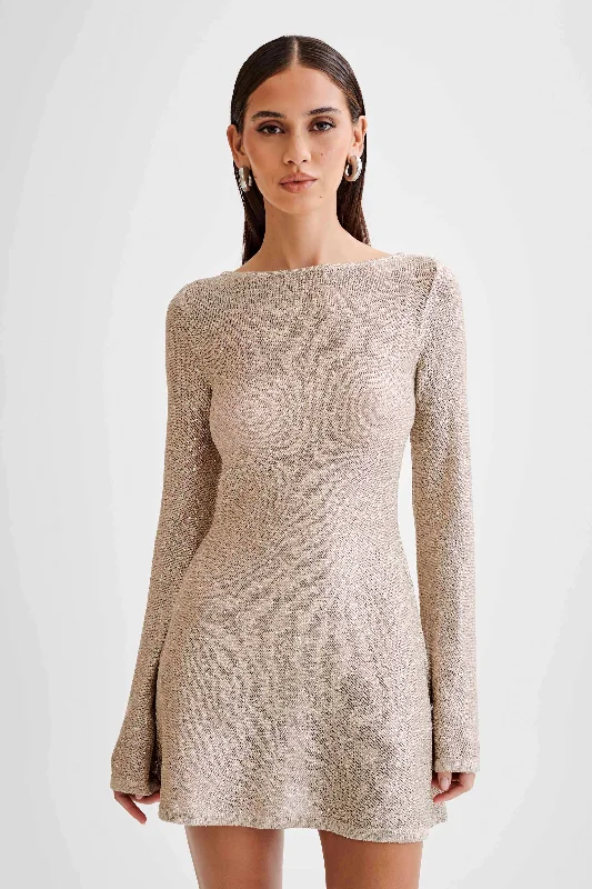 Zahra Open Back Mini Sequin Knit Dress - Taupe