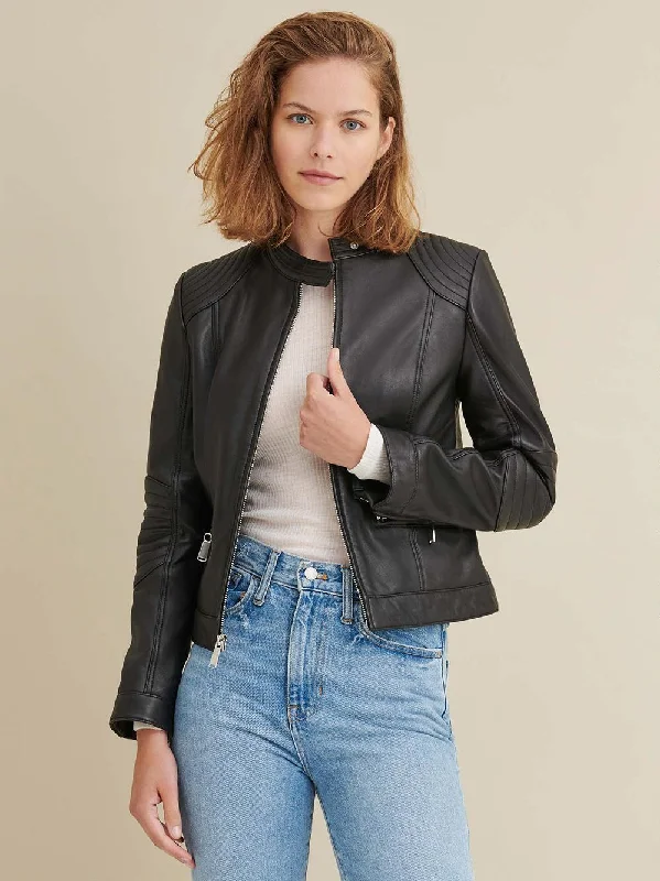 Leather Jacket with Quilted Shoulder BLACK