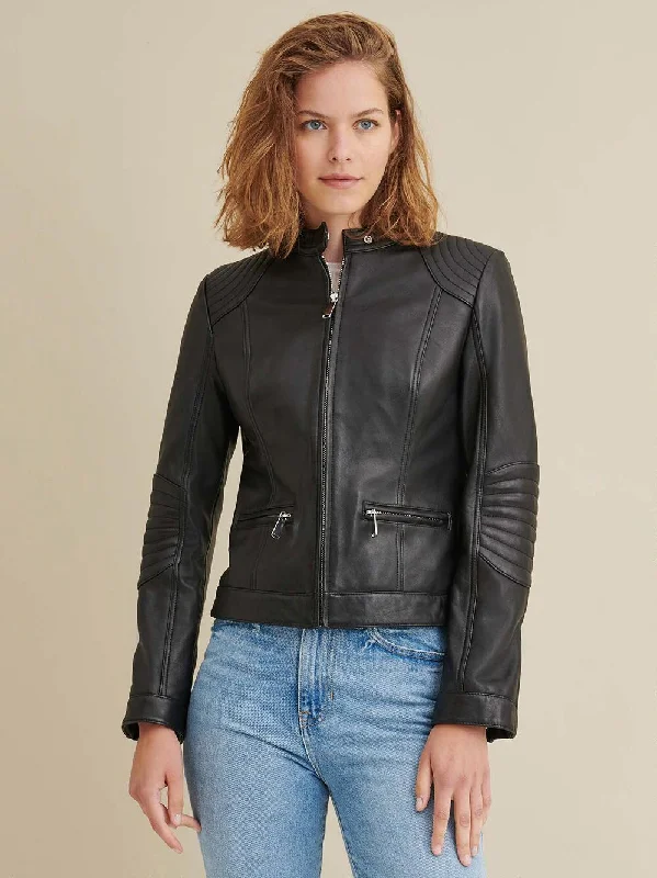 Leather Jacket with Quilted Shoulder BLACK