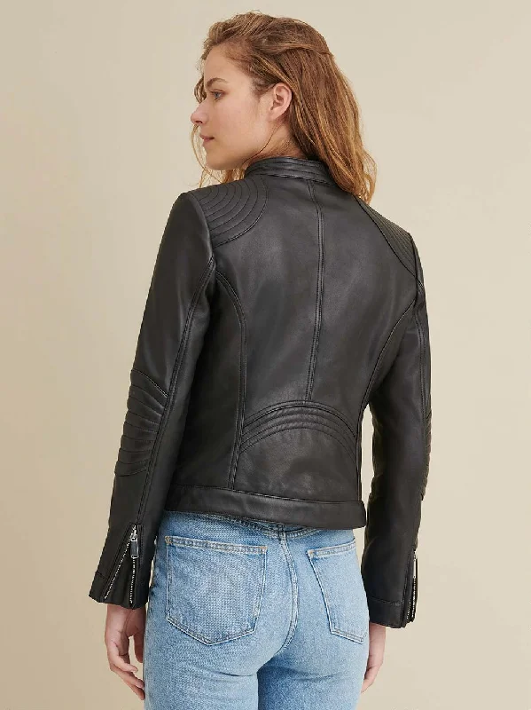 Leather Jacket with Quilted Shoulder BLACK