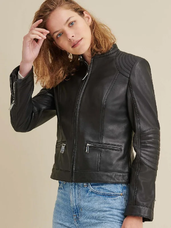 Leather Jacket with Quilted Shoulder BLACK