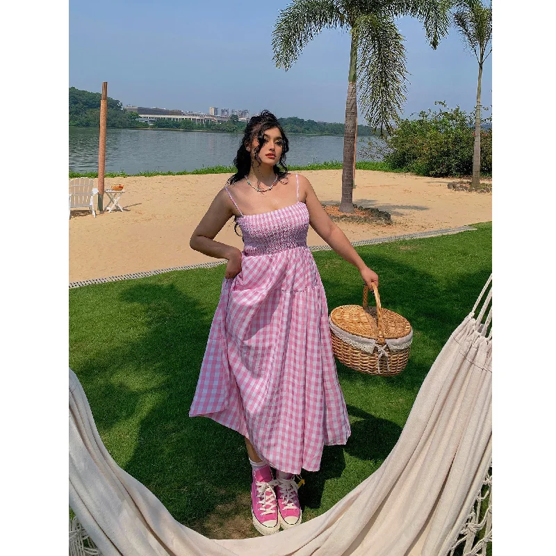 Nala Plus Size Picnic Plaid Pink Spaghetti Strap Long Dress + Solid Color White Long Sleeve Mesh Cardigan Matching Set